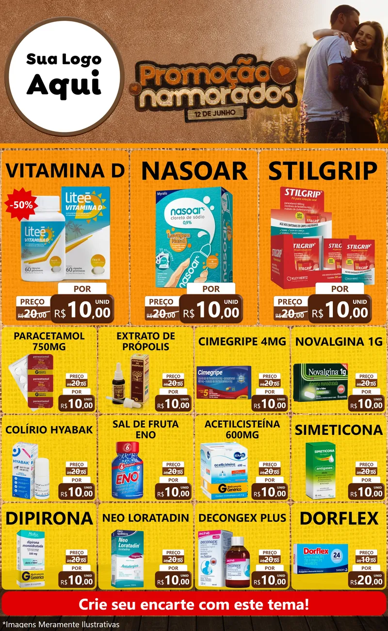 Modelo de Encarte para Encarte Grande com o tema Promoção Namorados para Farmácia