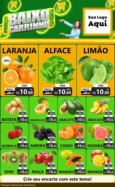 Modelo de Encarte para Encarte Grande com o tema Preço Baixo Carrinho Cheio para Hortifrúti