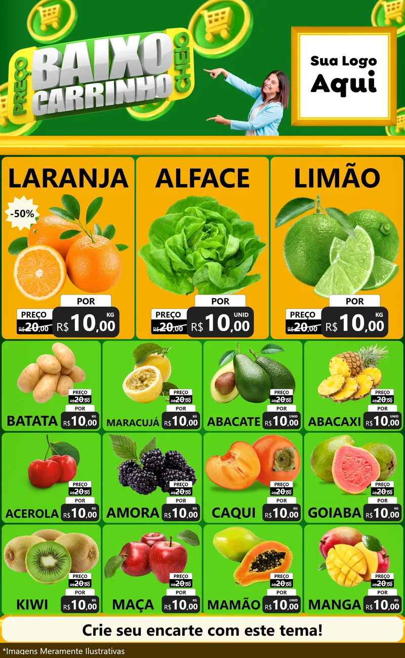 Modelo de Encarte para Encarte Grande com o tema Preço Baixo Carrinho Cheio para Hortifrúti