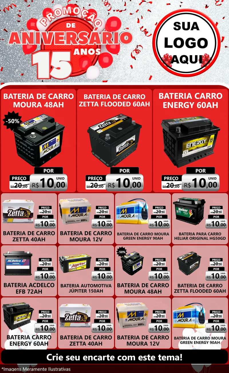 Modelo de Encarte para Encarte Grande com o tema Promoção de Aniversário - 15 Anos para Baterias Elétricas