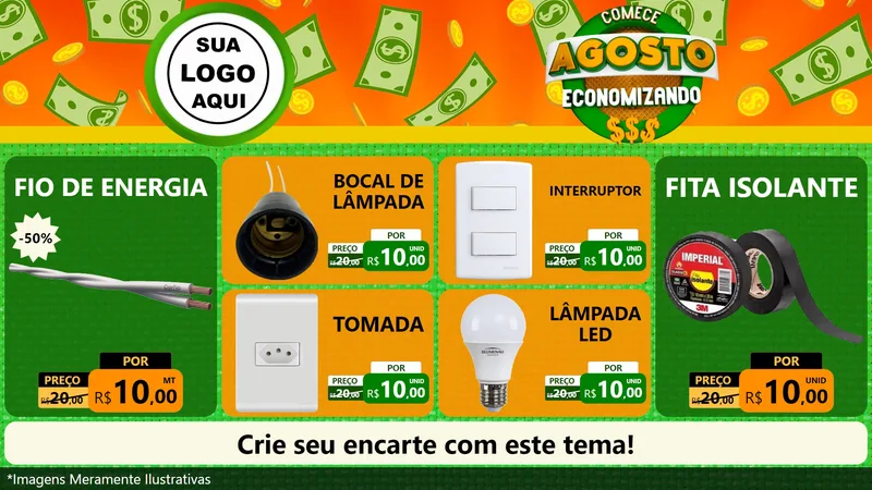 Modelo de TV para TV Horizontal com o tema Comece Agosto Economizando para Materiais Elétricos