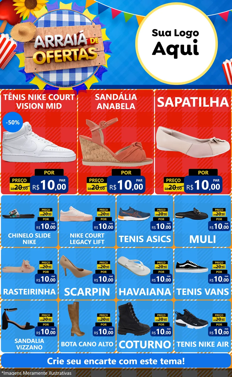 Modelo de Encarte para Encarte Grande com o tema Arraiá de Ofertas para Calçados