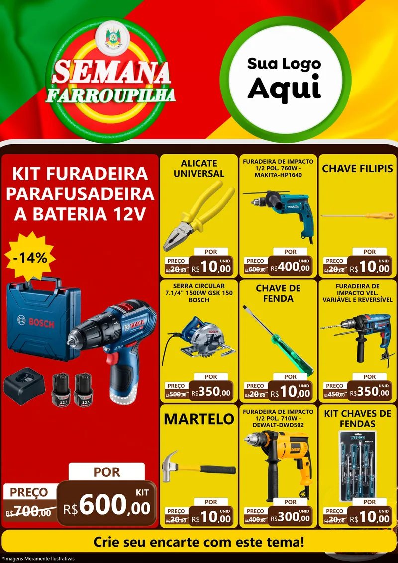 Modelo de Encarte para Encarte A4 Vertical com o tema Semana Farroupilha para Maquinas e Ferramentas