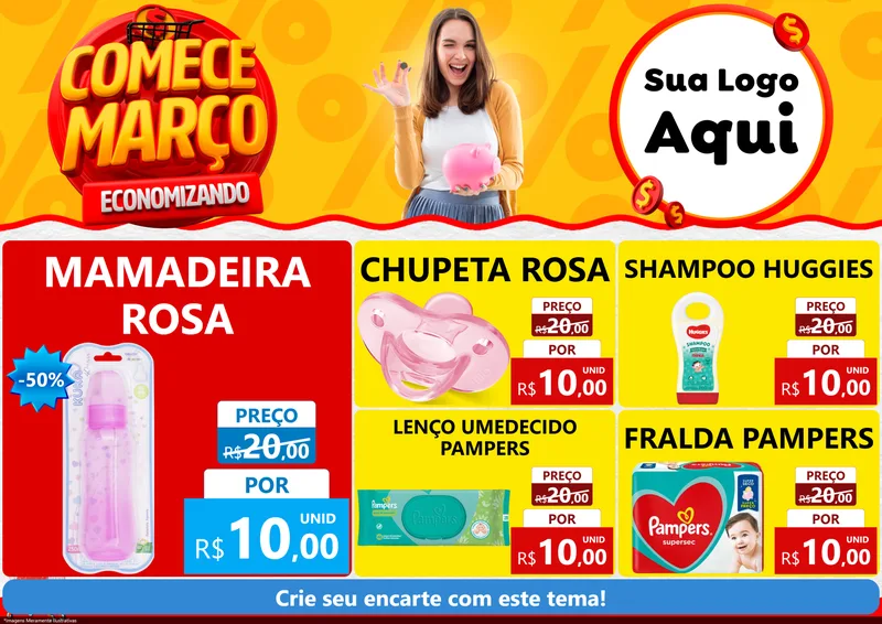 Modelo de Encarte para Encarte A4 Horizontal com o tema Comece Março Economizando para Bebês