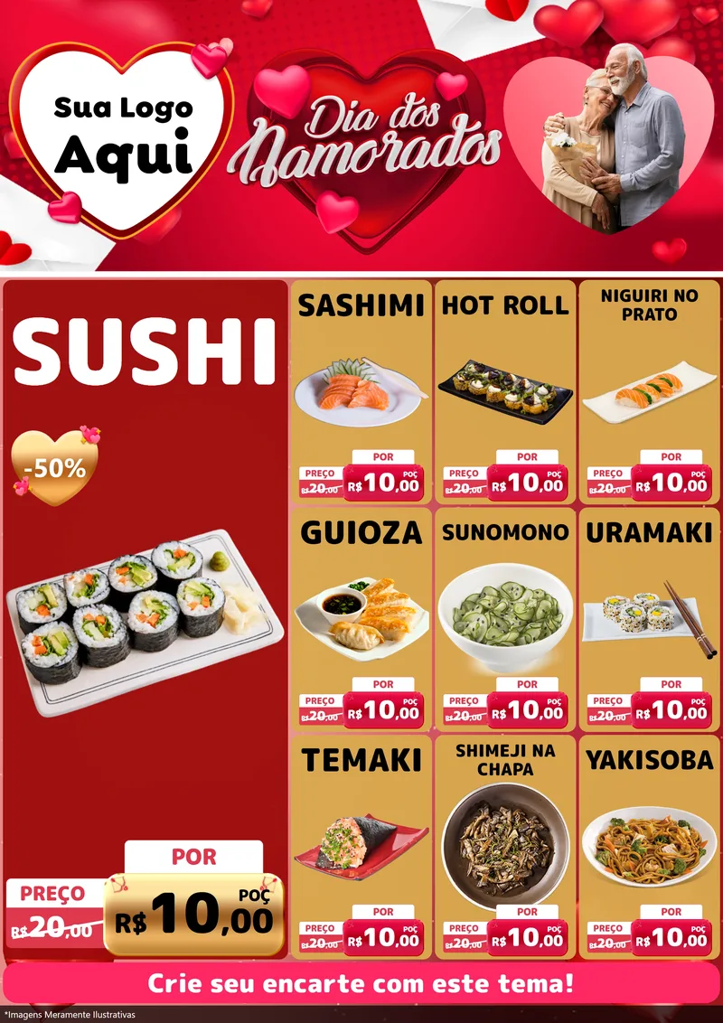 Modelo de Encarte para Encarte A4 Vertical com o tema Dia Dos Namorados para Comida japonesa