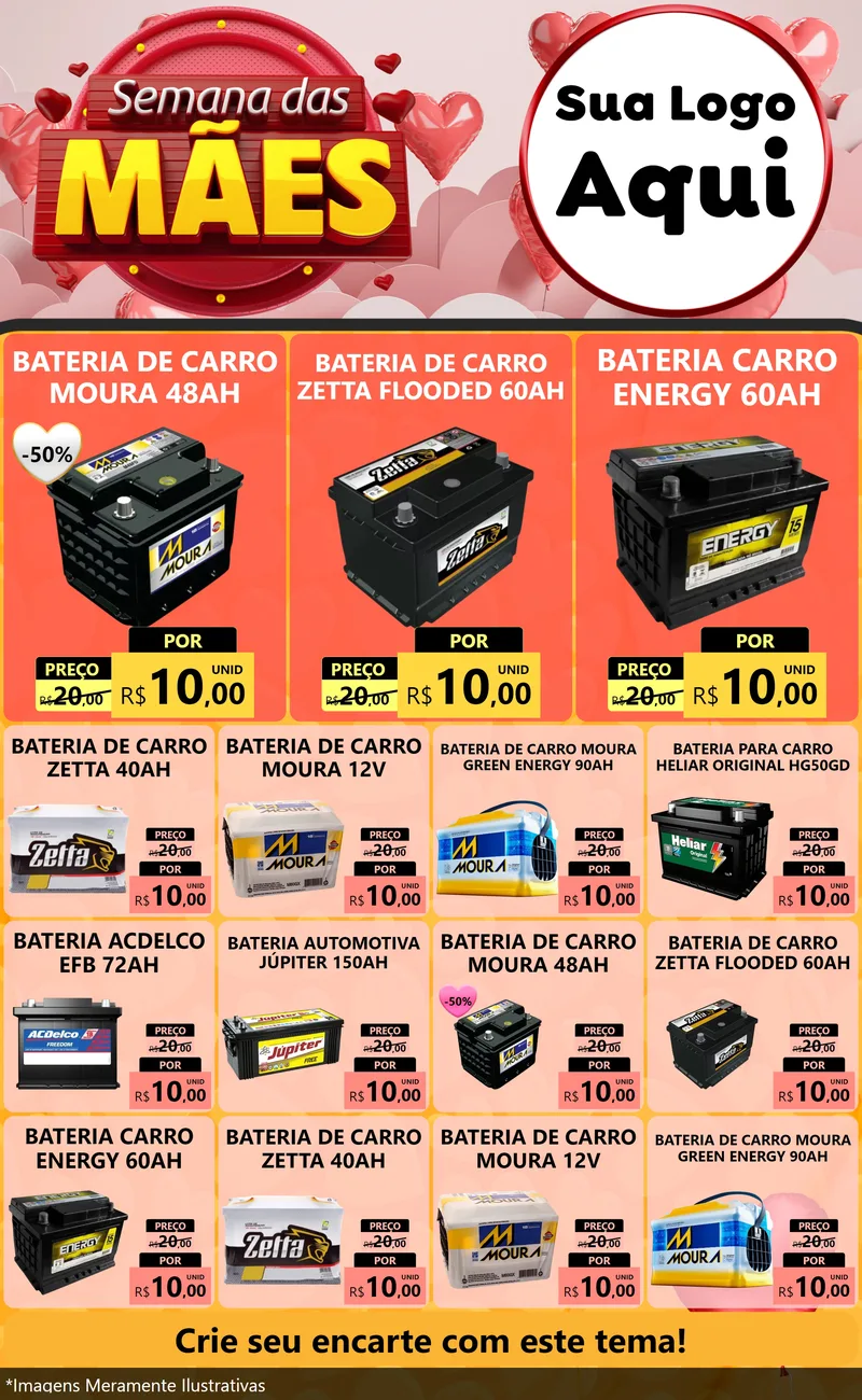 Modelo de Encarte para Encarte Grande com o tema Semana das Mães para Baterias Elétricas