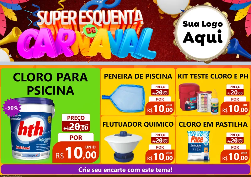 Modelo de Encarte para Encarte A4 Horizontal com o tema Super Esquenta de Carnaval para Produtos para Piscina