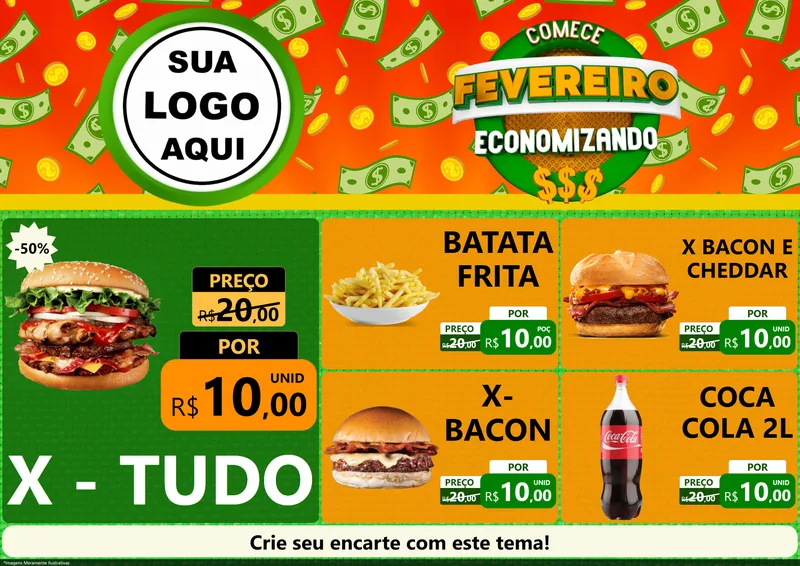 Modelo de Encarte para Encarte A4 Horizontal com o tema Comece Fevereiro Economizando para Hamburgueria