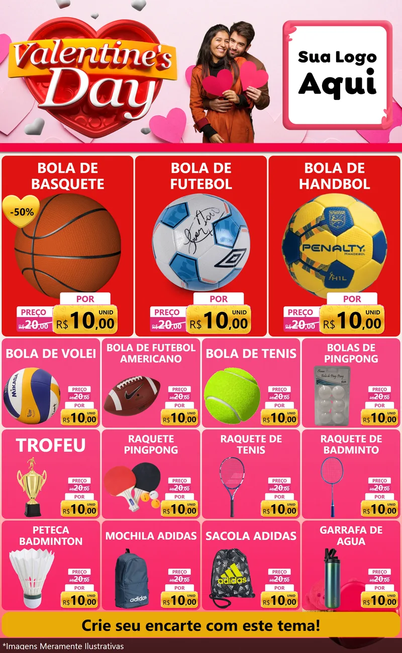 Modelo de Encarte para Encarte Grande com o tema Valentine's Day para Artigos Esportivos