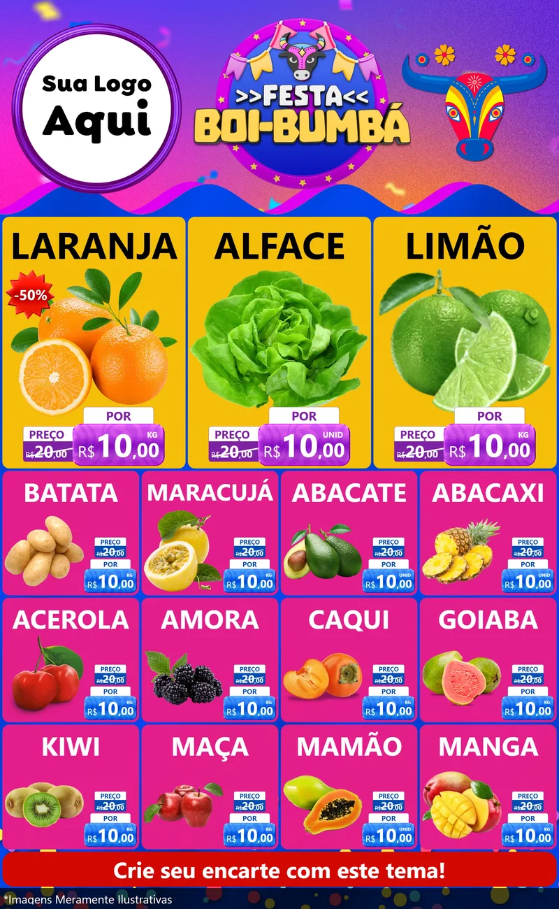 Modelo de Encarte para Encarte Grande com o tema Festa Boi-Bumbá para Hortifrúti