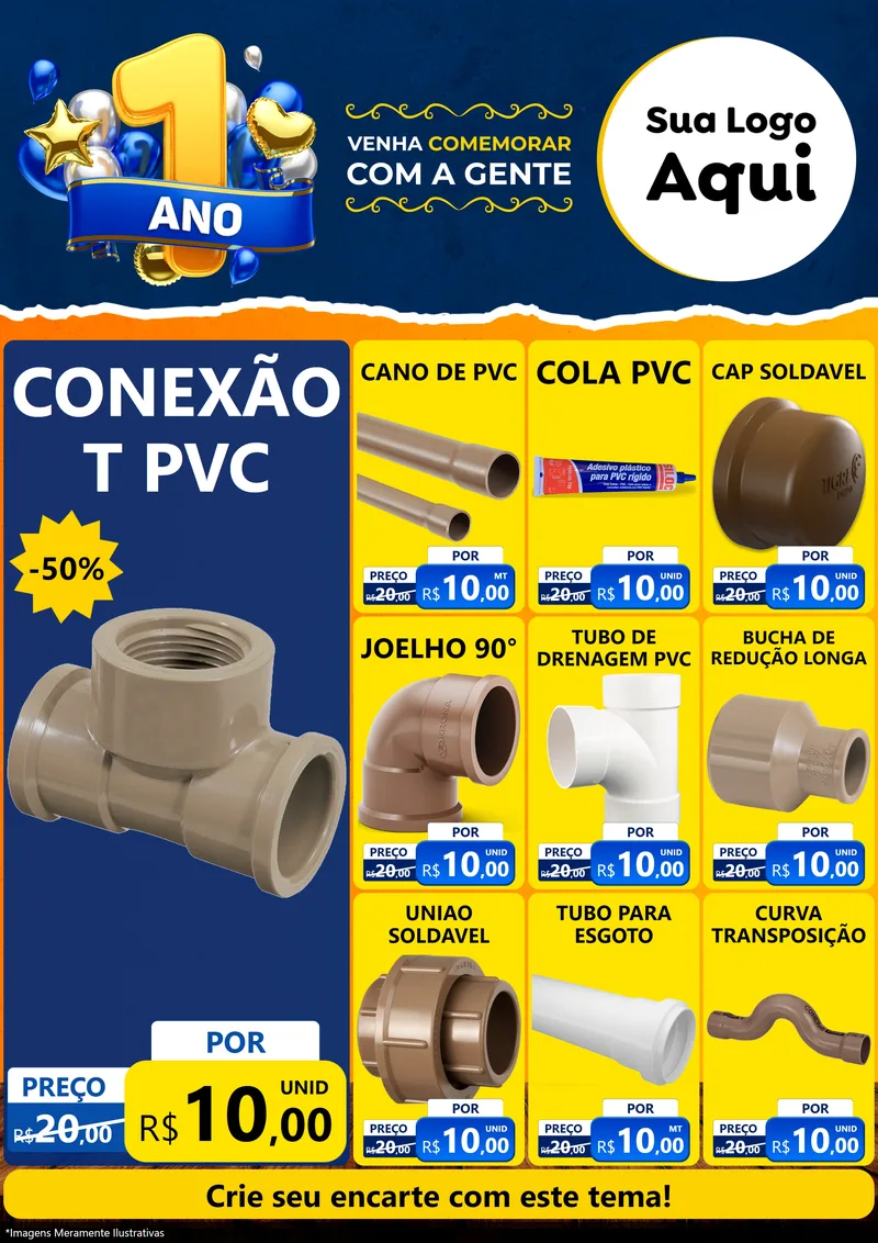 Modelo de Encarte para Encarte A4 Vertical com o tema Um Ano de Aniversário para Tubos e conexões