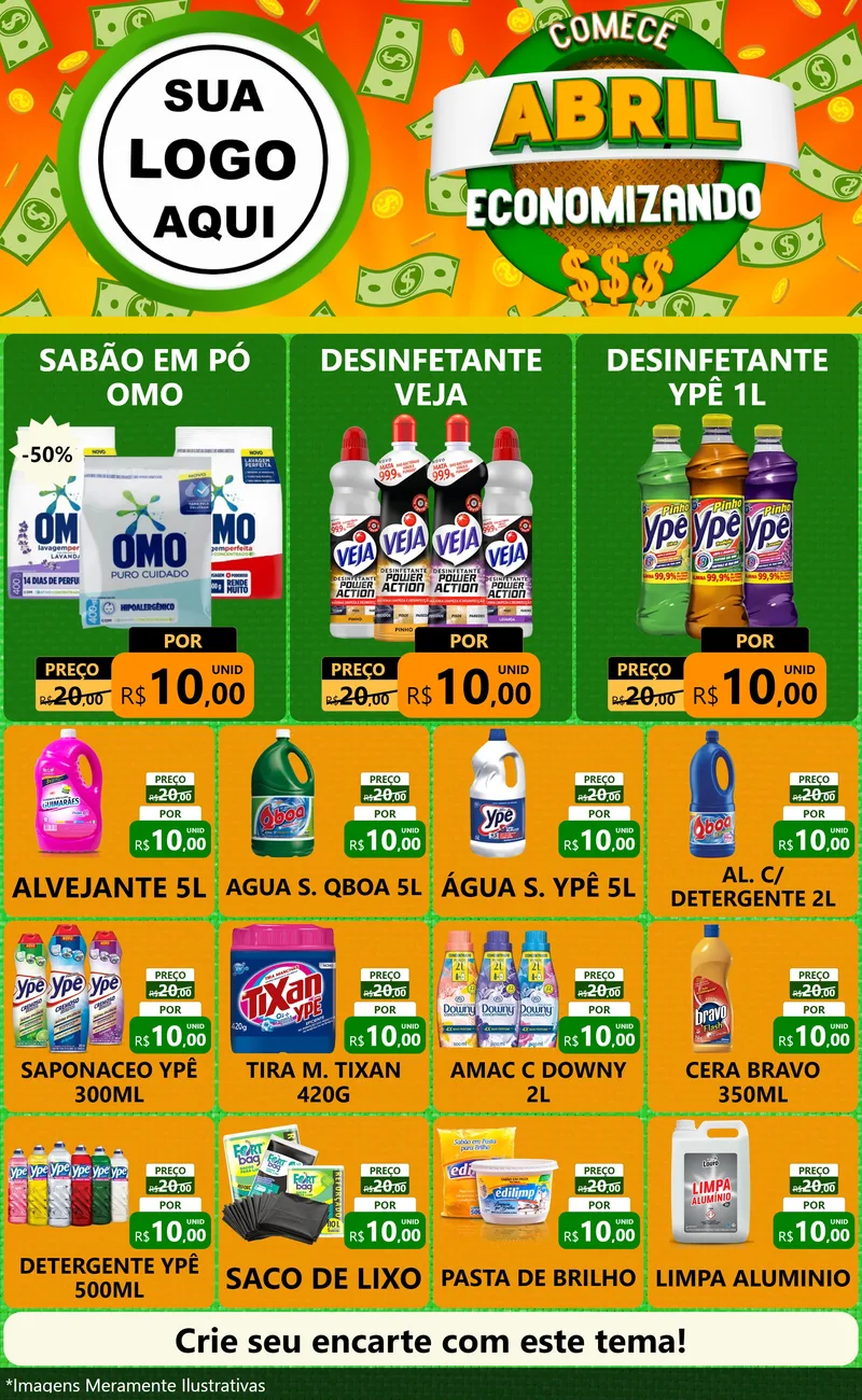 Modelo de Encarte para Encarte Grande com o tema Comece Abril Economizando para Produtos de Limpeza