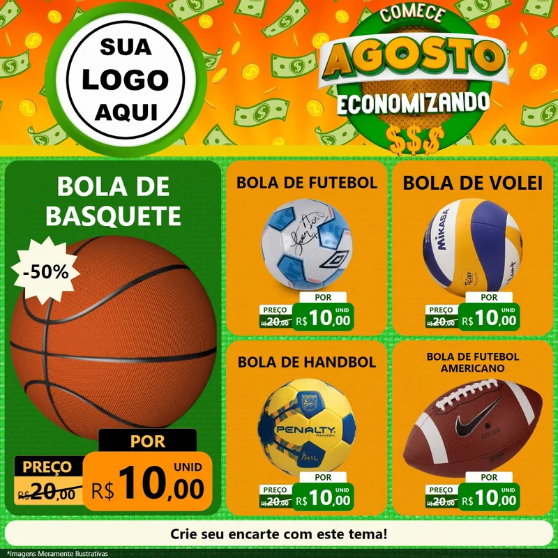 Modelo de Rede Social para Feed Facebook com o tema Comece Agosto Economizando para Artigos Esportivos