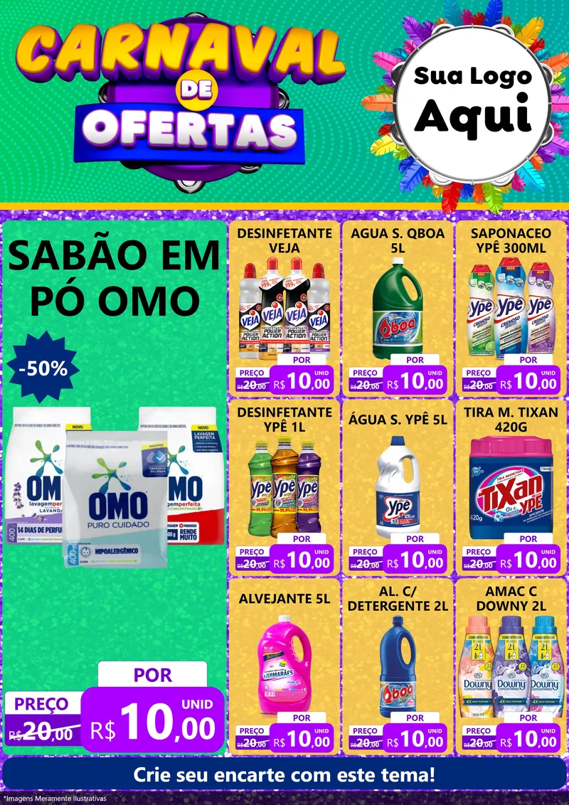 Modelo de Encarte para Encarte A4 Vertical com o tema Carnaval de Ofertas para Produtos de Limpeza