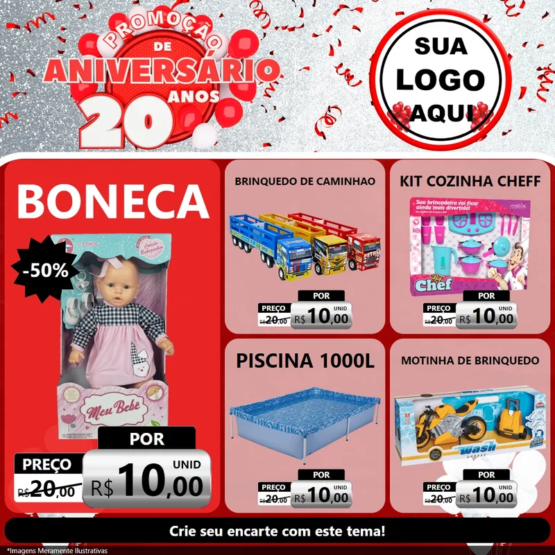 Modelo de Rede Social para Feed Facebook com o tema Promoção de Aniversário - 20 Anos para Brinquedos
