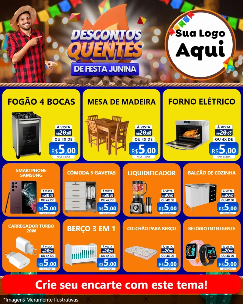 Modelo de Rede Social para Feed Instagram com o tema Descontos Quentes de Festa Junina para Móveis e Eletro
