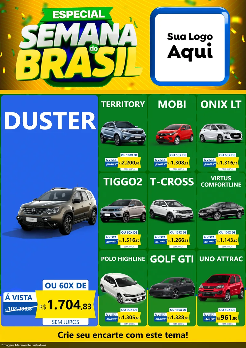 Modelo de Encarte para Encarte A4 Vertical com o tema Especial Semana do Brasil para Concessionaria de Carros