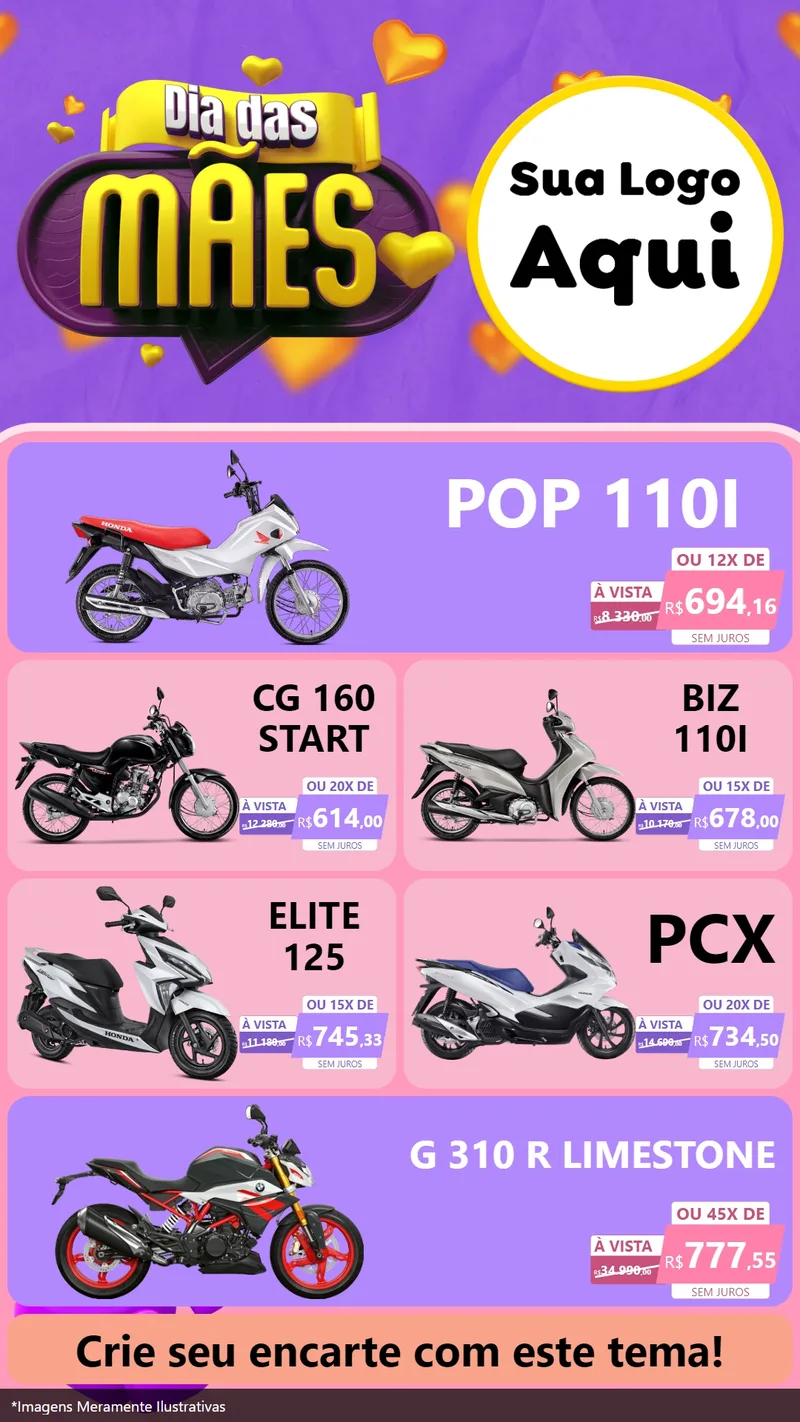 Modelo de TV para TV Vertical com o tema Dia das Mães para Concessionaria de Motos