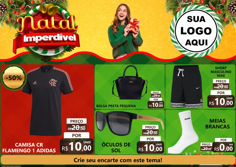 Modelo de Encarte para Encarte A4 Horizontal com o tema Natal Imperdível para Roupas e acessórios