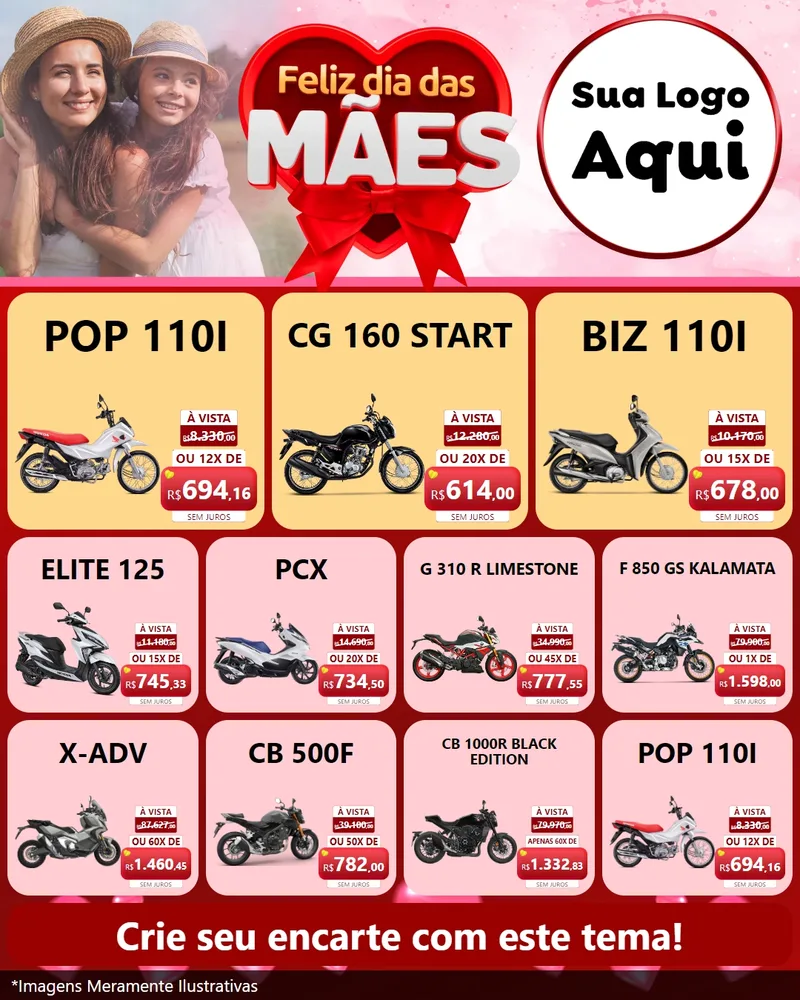 Modelo de Rede Social para Feed Instagram com o tema Feliz Dia Das Mães para Concessionaria de Motos