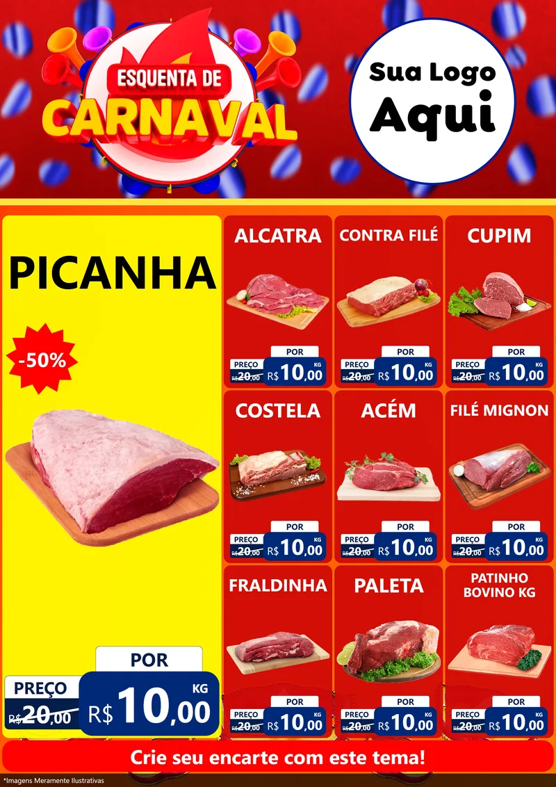 Modelo de Encarte para Encarte A4 Vertical com o tema Esquenta de Carnaval para Açougue