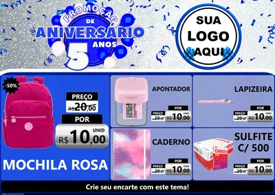 Modelo de Encarte para Encarte A4 Horizontal com o tema Promoção de Aniversário - 5 Anos para Papelaria