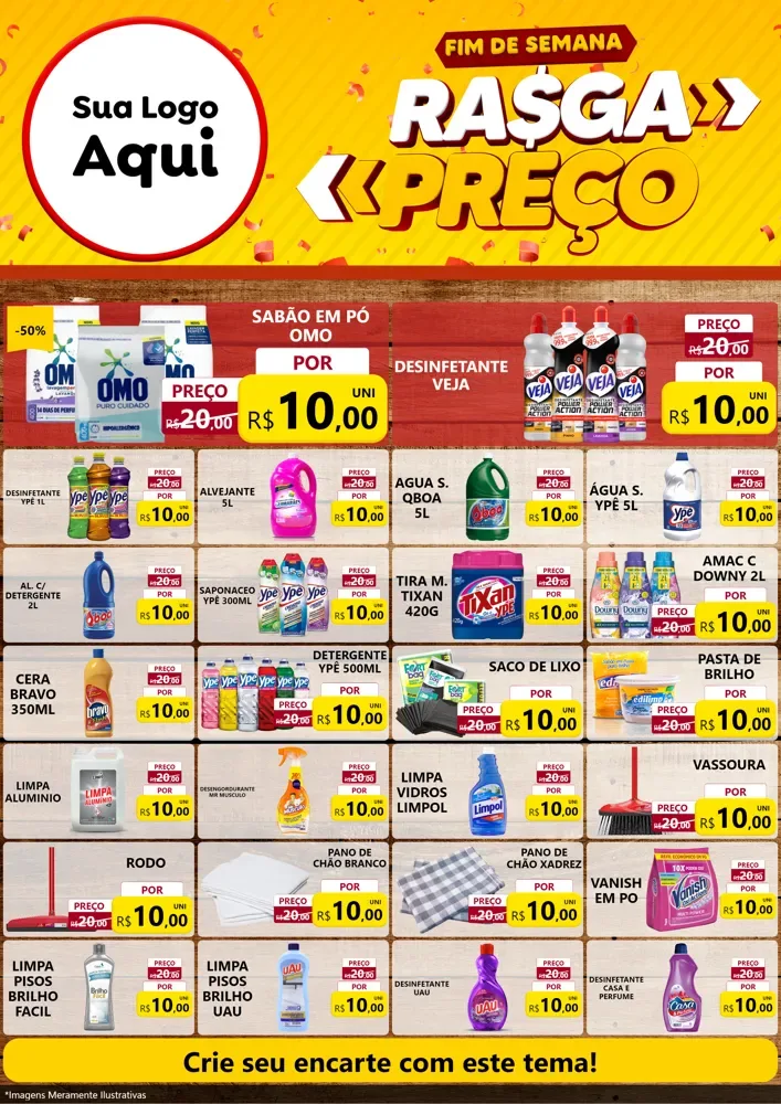 Modelo de Encarte para Encarte A4 Vertical com o tema Fim de Semana Rasga Preços para Produtos de Limpeza