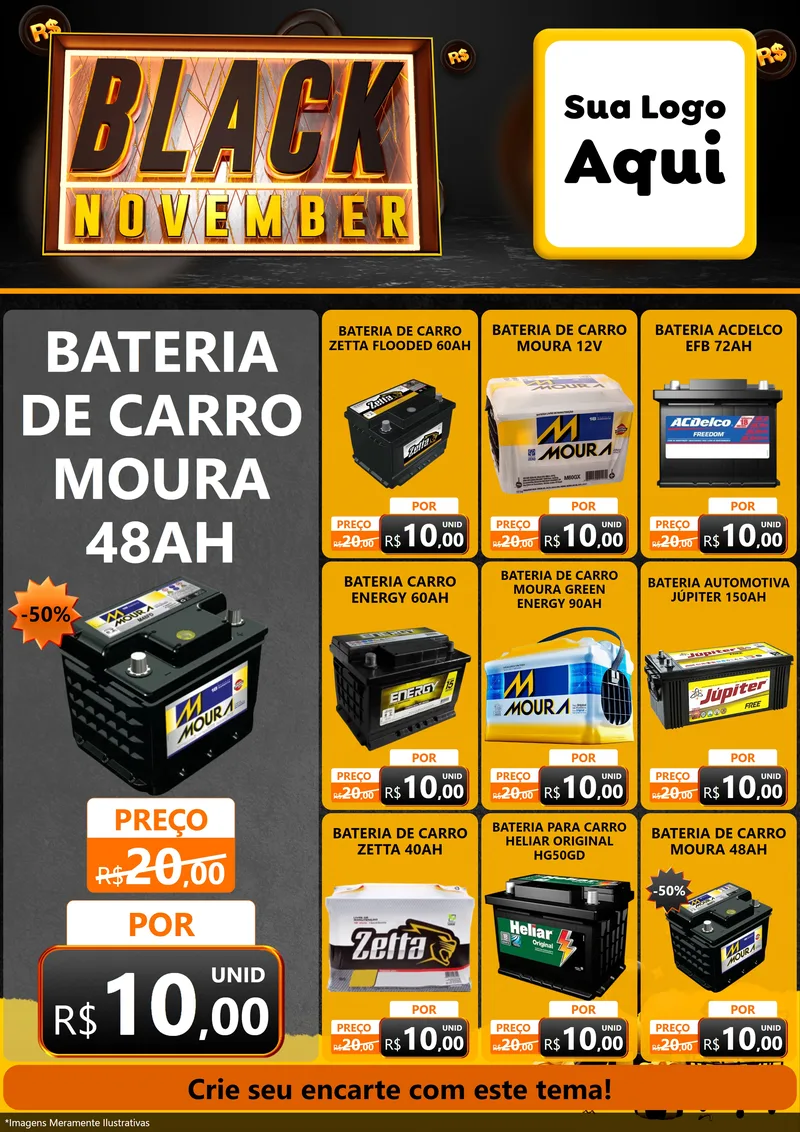 Modelo de Encarte para Encarte A4 Vertical com o tema Black November para Baterias Elétricas