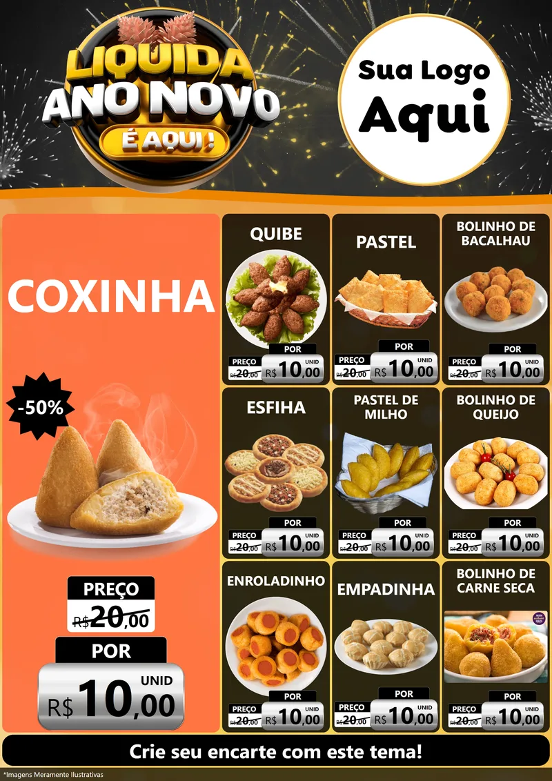 Modelo de Encarte para Encarte A4 Vertical com o tema Liquida Ano Novo É Aqui! para Salgadaria