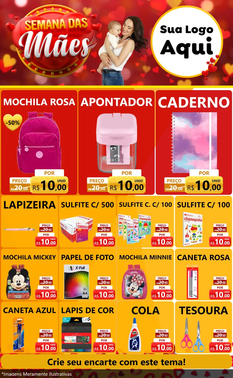 Modelo de Encarte para Encarte Grande com o tema Semana das Mães para Papelaria