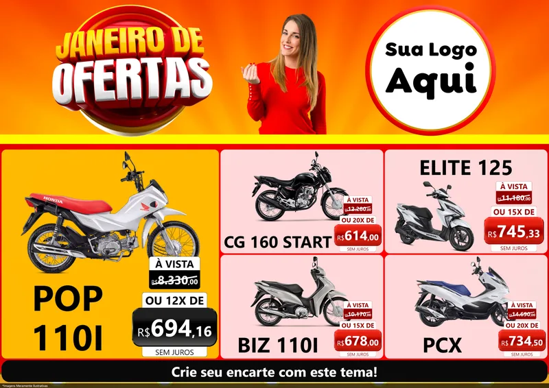 Modelo de Encarte para Encarte A4 Horizontal com o tema Janeiro de Ofertas para Concessionaria de Motos
