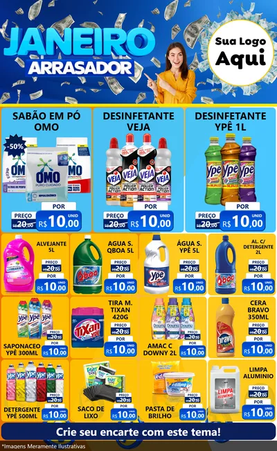 Modelo de Encarte para Encarte Grande com o tema Janeiro Arrasador para Produtos de Limpeza