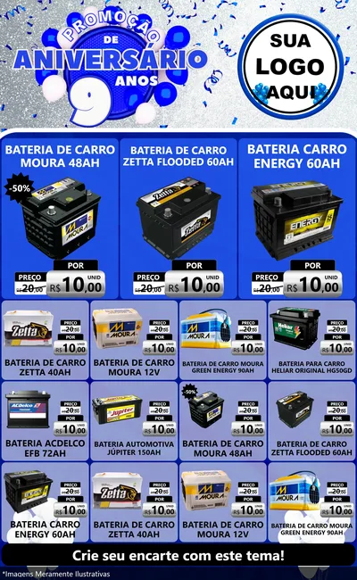 Modelo de Encarte para Encarte Grande com o tema Promoção de Aniversário - 9 Anos para Baterias Elétricas