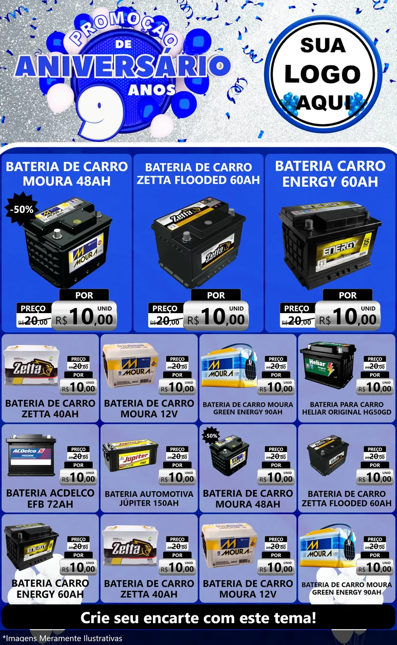 Modelo de Encarte para Encarte Grande com o tema Promoção de Aniversário - 9 Anos para Baterias Elétricas