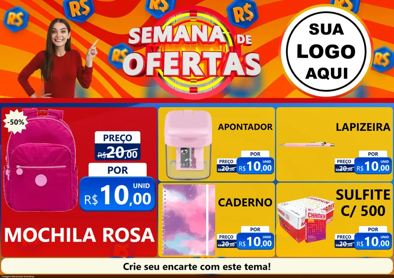 Modelo de Encarte para Encarte A4 Horizontal com o tema Semana de Ofertas para Papelaria