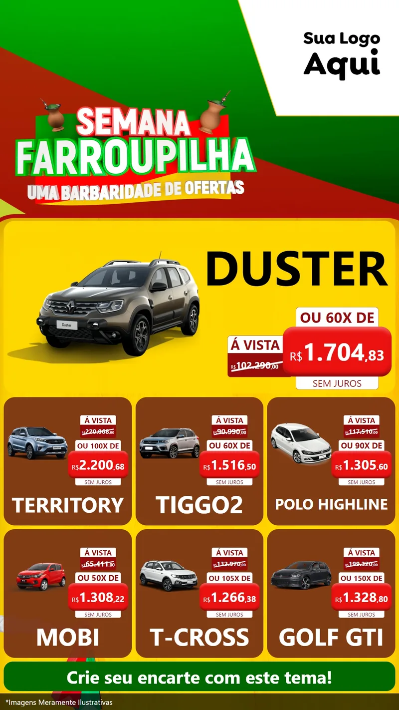 Modelo de Rede Social para Stories com o tema Semana Farroupilha - Uma Barbaridade de Ofertas para Concessionaria de Carros