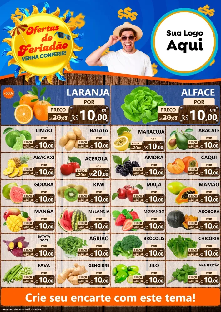 Modelo de Encarte para Encarte A4 Vertical com o tema Ofertas do Feriadão para Hortifrúti