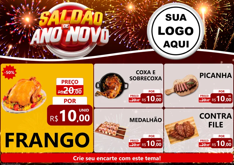 Modelo de Encarte para Encarte A4 Horizontal com o tema Saldão de Ano Novo para Assados