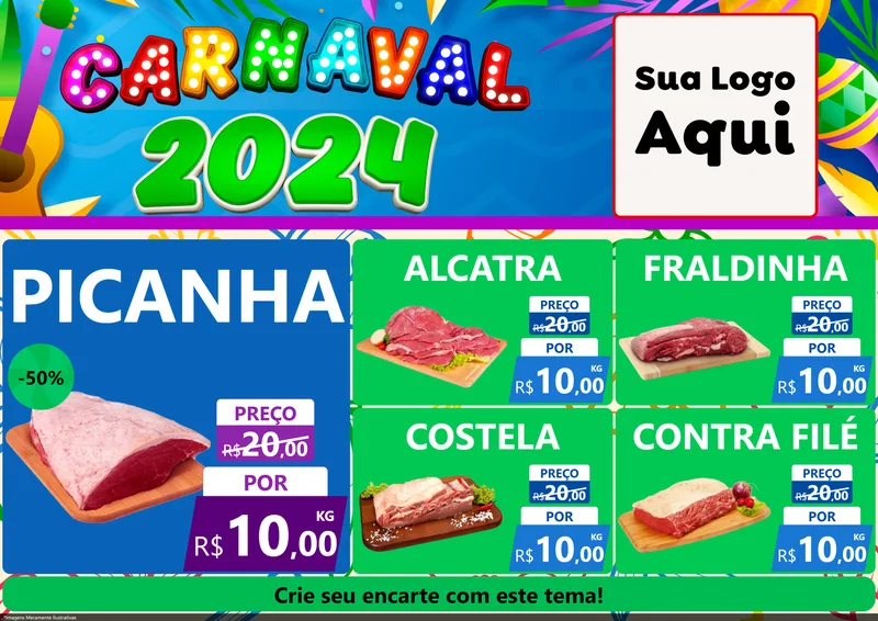 Modelo de Encarte para Encarte A4 Horizontal com o tema Carnaval 2027 para Açougue