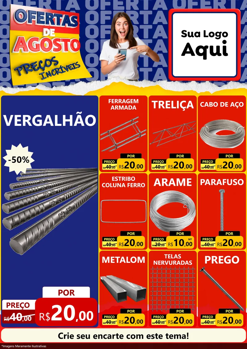 Modelo de Encarte para Encarte A4 Vertical com o tema Ofertas de Agosto - Preços Incríveis para Ferragens