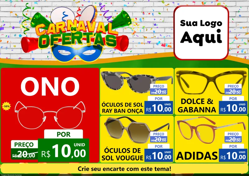 Modelo de Encarte para Encarte A4 Horizontal com o tema Carnaval de Ofertas para Óticas
