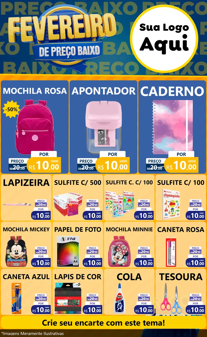 Modelo de Encarte para Encarte Grande com o tema Fevereiro de Preço Baixo para Papelaria