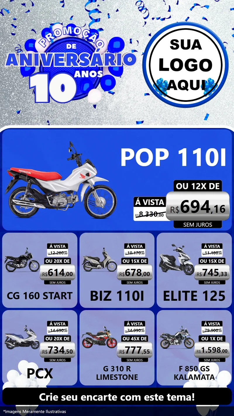 Modelo de Rede Social para Stories com o tema Promoção de Aniversário - 10 Anos para Concessionaria de Motos