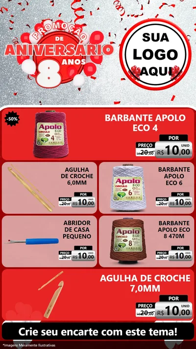 Modelo de TV para TV Vertical com o tema Promoção de Aniversário - 8 Anos para Armarinho e Aviamentos