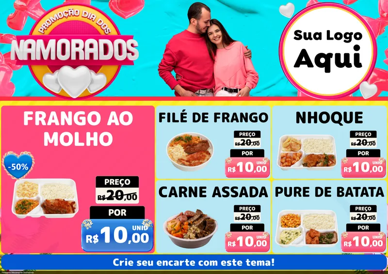 Modelo de Encarte para Encarte A4 Horizontal com o tema Promoção Dia dos Namorados para Restaurante