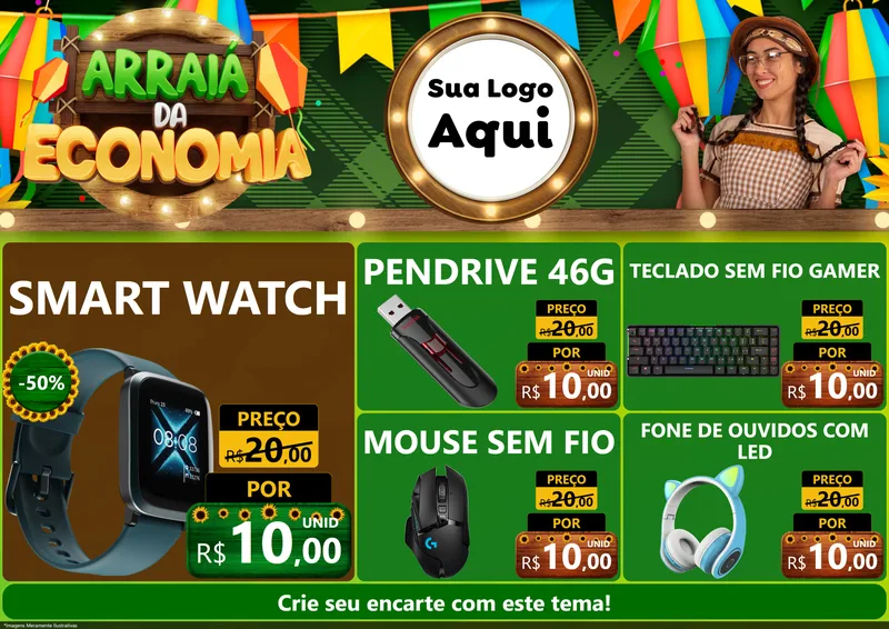 Modelo de Encarte para Encarte A4 Horizontal com o tema Arraiá de Economia para Informática