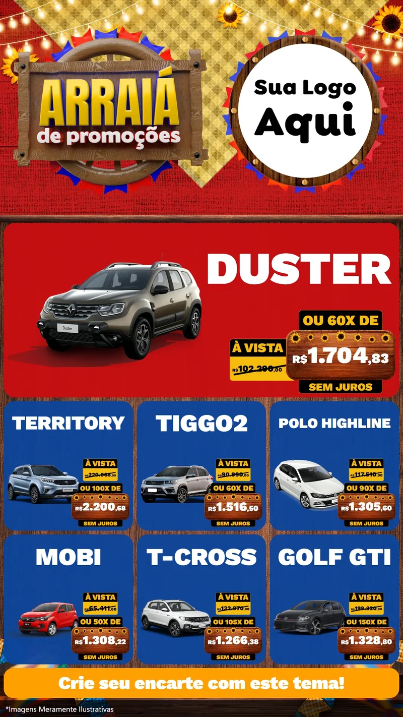 Modelo de Rede Social para Stories com o tema Arraiá de Promoções para Concessionaria de Carros