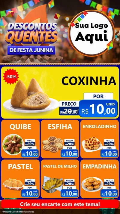 Modelo de Rede Social para Stories com o tema Descontos Quentes de Festa Junina para Salgadaria