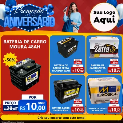 Modelo de Rede Social para Feed Facebook com o tema Promoção de Aniversário para Baterias Elétricas