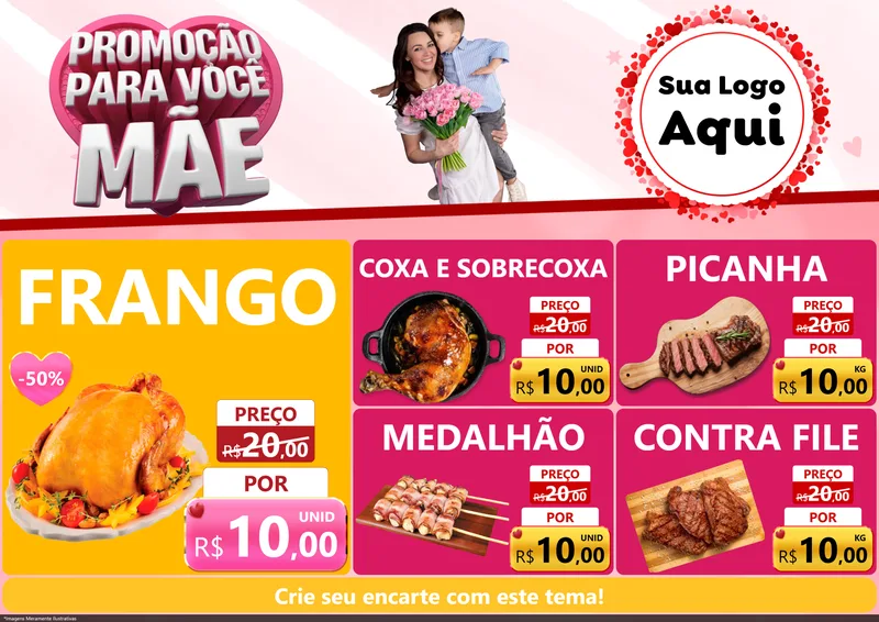 Modelo de Encarte para Encarte A4 Horizontal com o tema Promoção Para Você Mãe para Assados